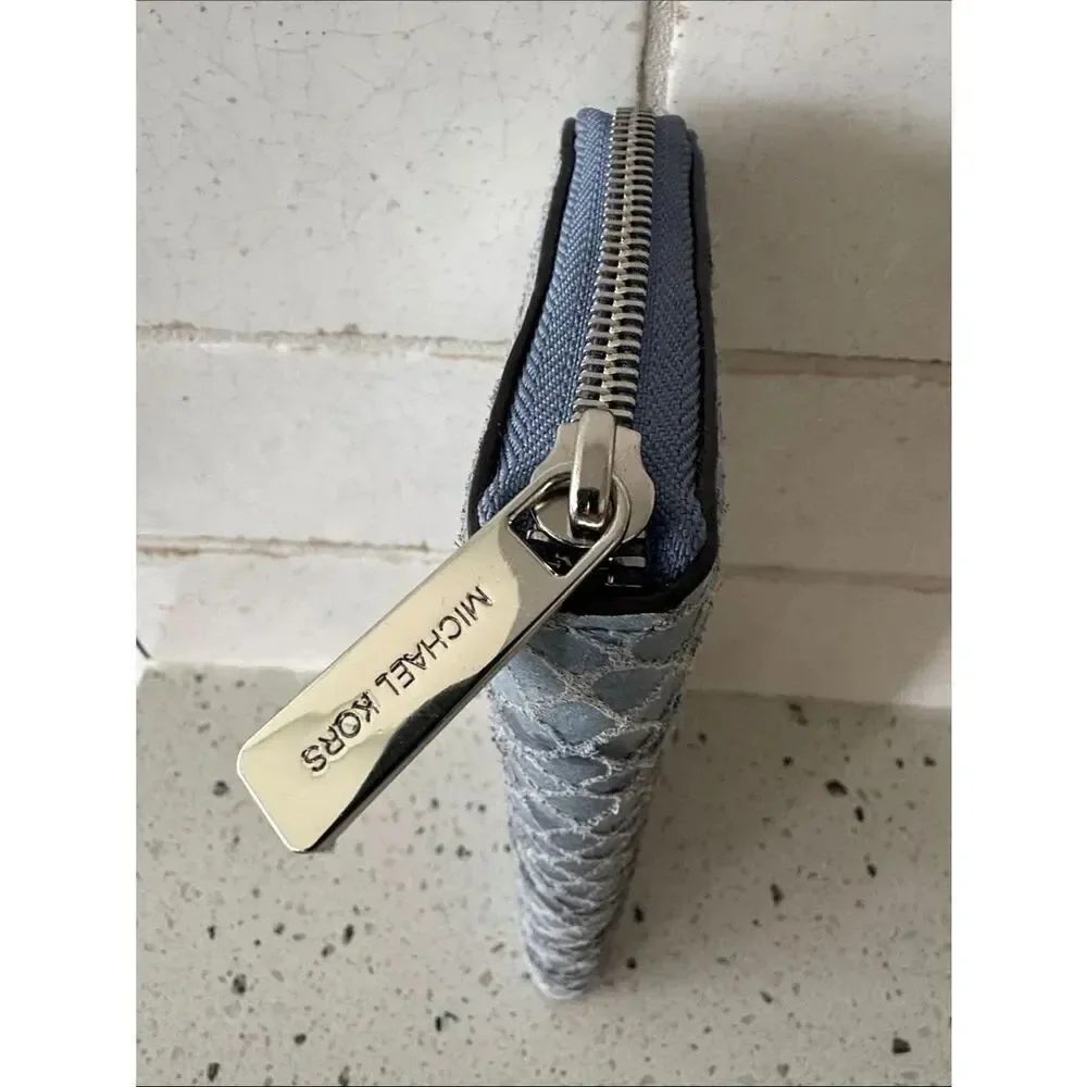 Michael Kors Blue Leather Snake-Print Zip Around Wallet Clutch Classic Chic EUC